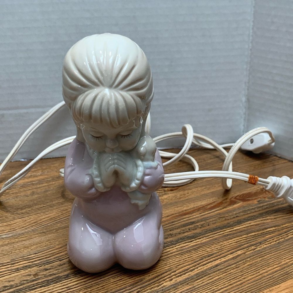Adorable Ceramic Child Night Light in Cream and Pink Vintage